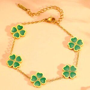 18K GOLD DIPPED GREEN ENAMEL 4 HEARTS MAKE A CLOVER CHAIN BRACELET